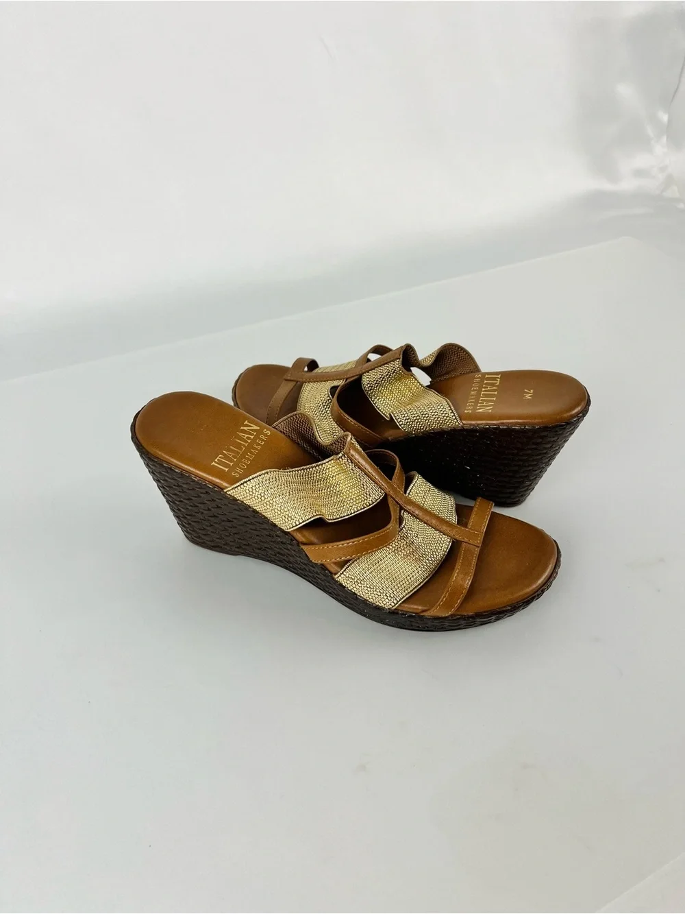 Italian Shoemakers Metallic Gold and Dark Tan Woven Wedge Sandals Size 7